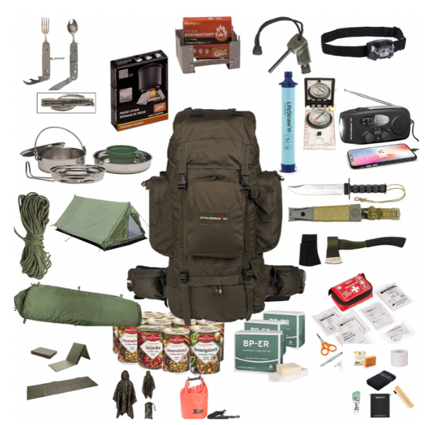 Akutryggsäck "Extreme" Survival-ryggsäck med tält, sovsäck, överlevnadskit, nödransoner, vattenfilter, hygien