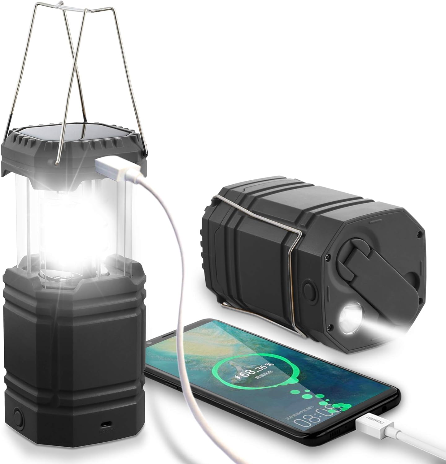 3 i 1-ljus - nödljus - sol-/LED-lampa - 80 lumen - campinglykta - nödströmkälla - lampa med powerbank-funktion - nödutrustning - nödladdare
