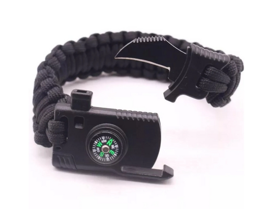 Multifunktionellt nödarmband med kniv, signalvissla, kompass och flinta - överlevnadsarmband - nödarmband - nödorientering/nödbrand - utomhusarmband - svart