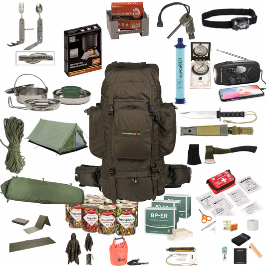 Akutryggsäck "Extreme" Survival-ryggsäck med tält, sovsäck, överlevnadskit, nödransoner, vattenfilter, hygien