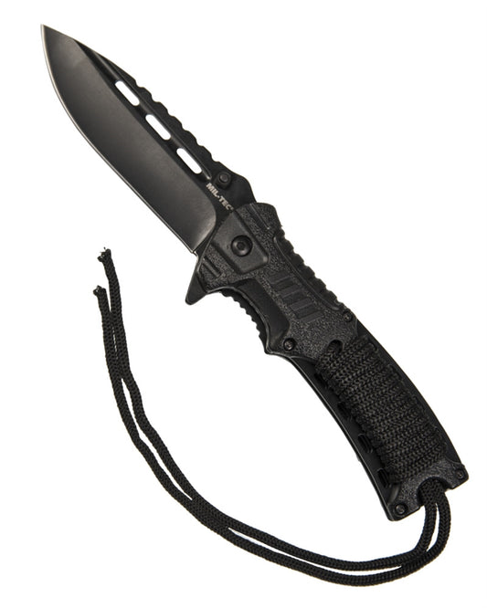 Enhandskniv med eldstartare och paracord svart