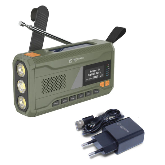 ACE mini nödradio med DAB+, vev och solenergi, powerbank, ficklampa och USB-C-anslutning