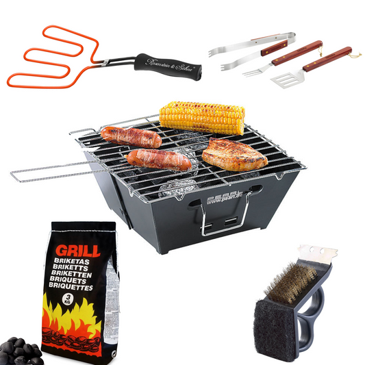 Mini grill presentset startpaket med grill, kol, tång och borste