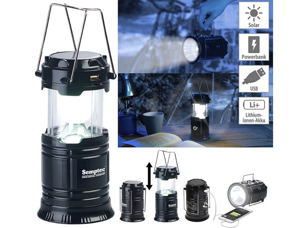 3 i 1-ljus - nödljus - sol-/LED-lampa - 80 lumen - campinglykta - nödströmkälla - lampa med powerbank-funktion - nödutrustning - nödladdare