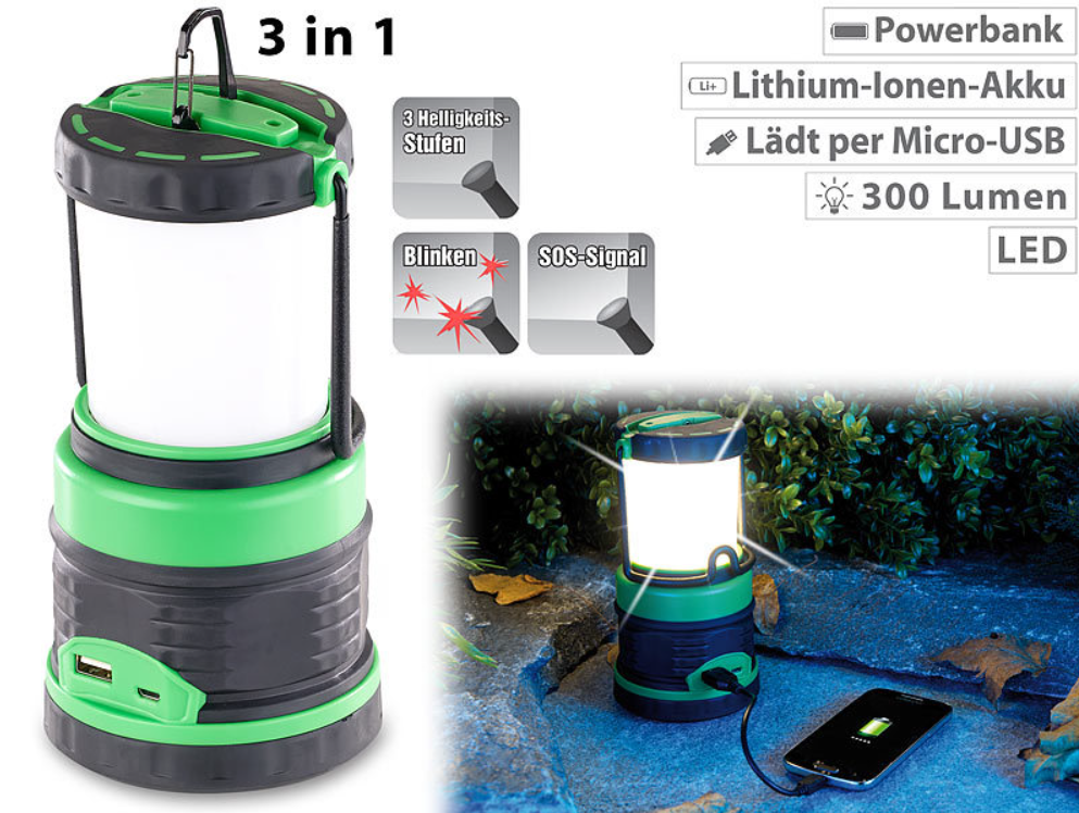 3 i 1-ljus: lykta, taklampa och powerbank - nödström/nödljus - nödströmkälla - 3600 mAh - LED - campingljus/campinglykta - batteri/nödbatteri - USB - nödkraftbank - kraftstation