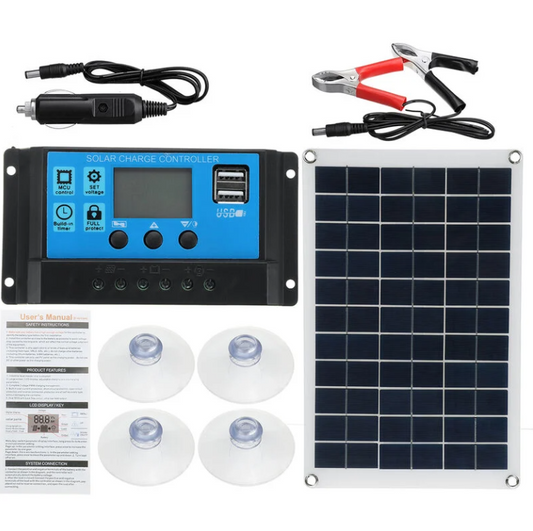 Solpanel med 100 watt inklusive kontroller - krokodilklämma - klämmor - billaddare