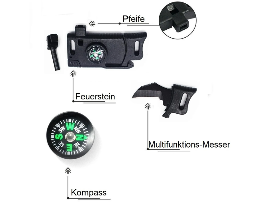 Multifunktionellt nödarmband med kniv, signalvissla, kompass och flinta - överlevnadsarmband - nödarmband - nödorientering/nödbrand - utomhusarmband - svart