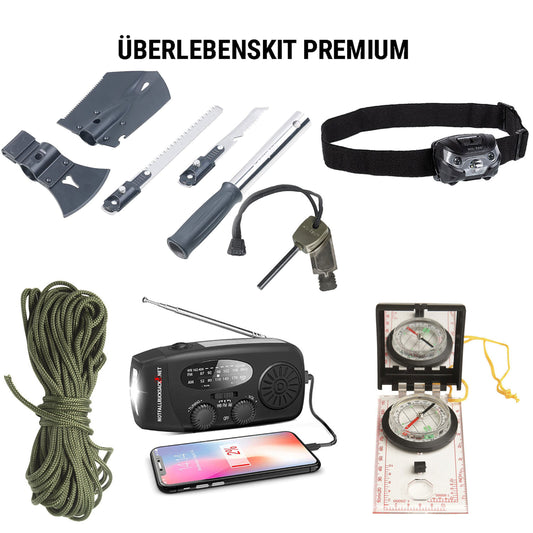 Survival Kit Premium - Yxa, såg, spade, vevradio, strålkastare, kompass, Firesteel, Paracord