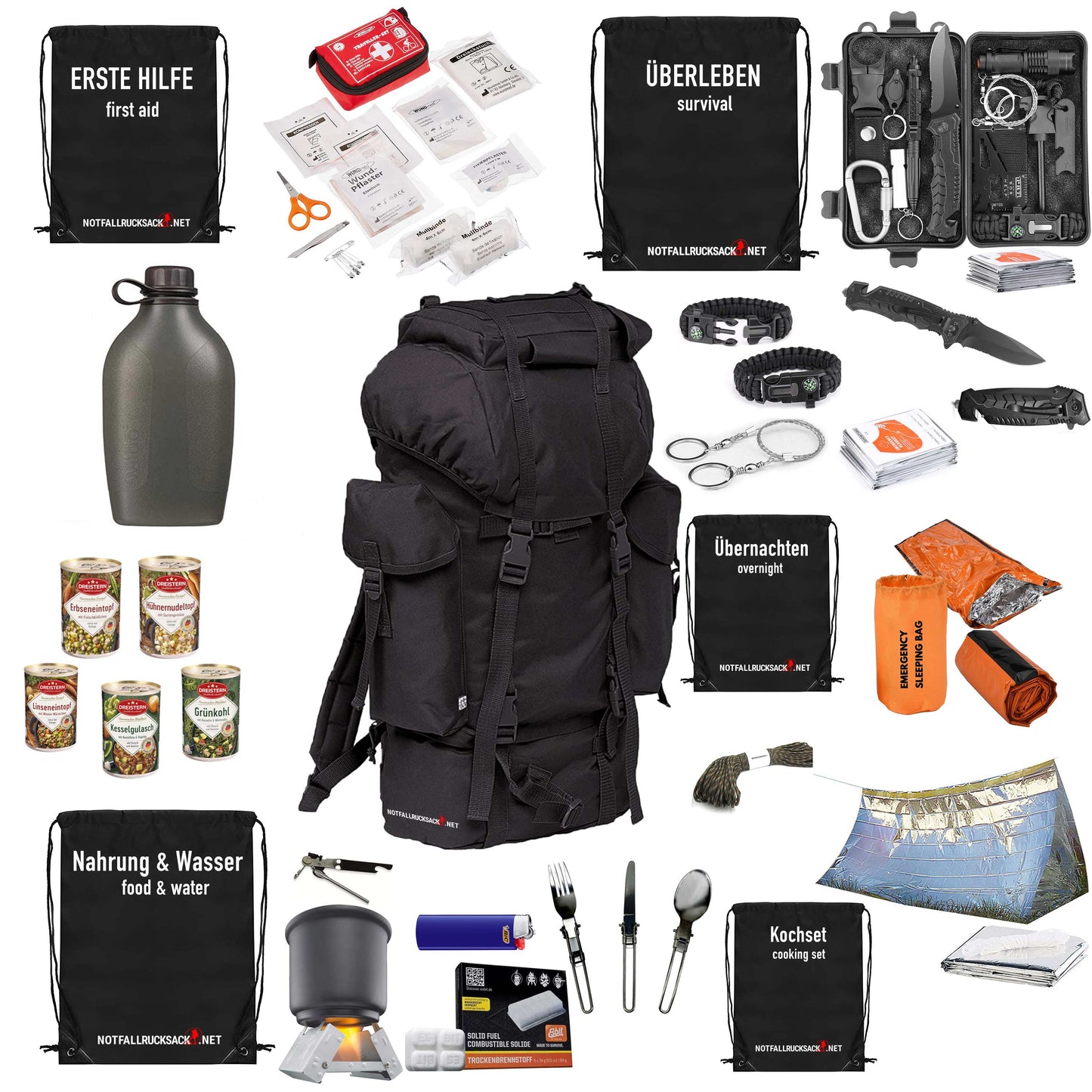 Survival pack ryggsäck fylld - inklusive mat, sömn, första hjälpen -
