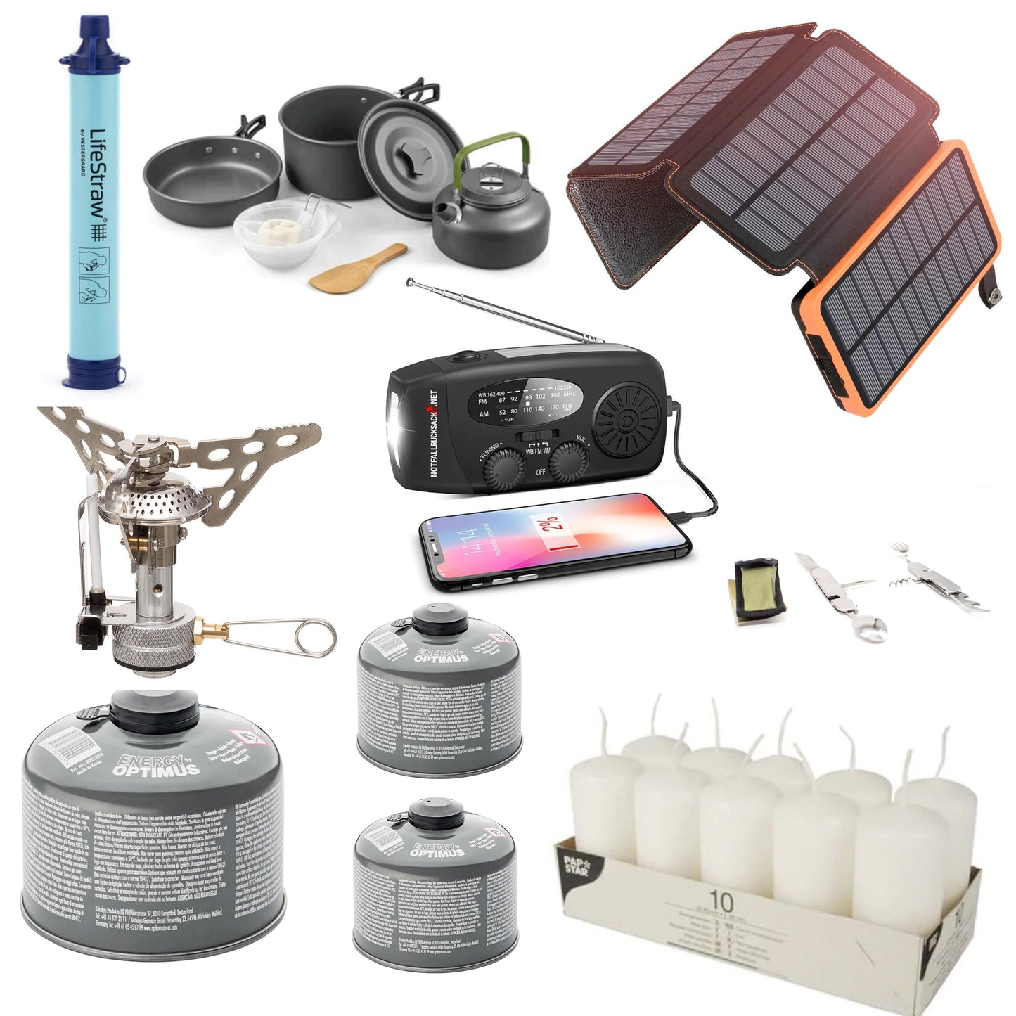 Strömavbrottspaket Extreme Blackout kit - med megakraftverk, solpanel, gasspis, matlagningsset, bestick, solenergibank, vattenfilter, ljus och mycket mer