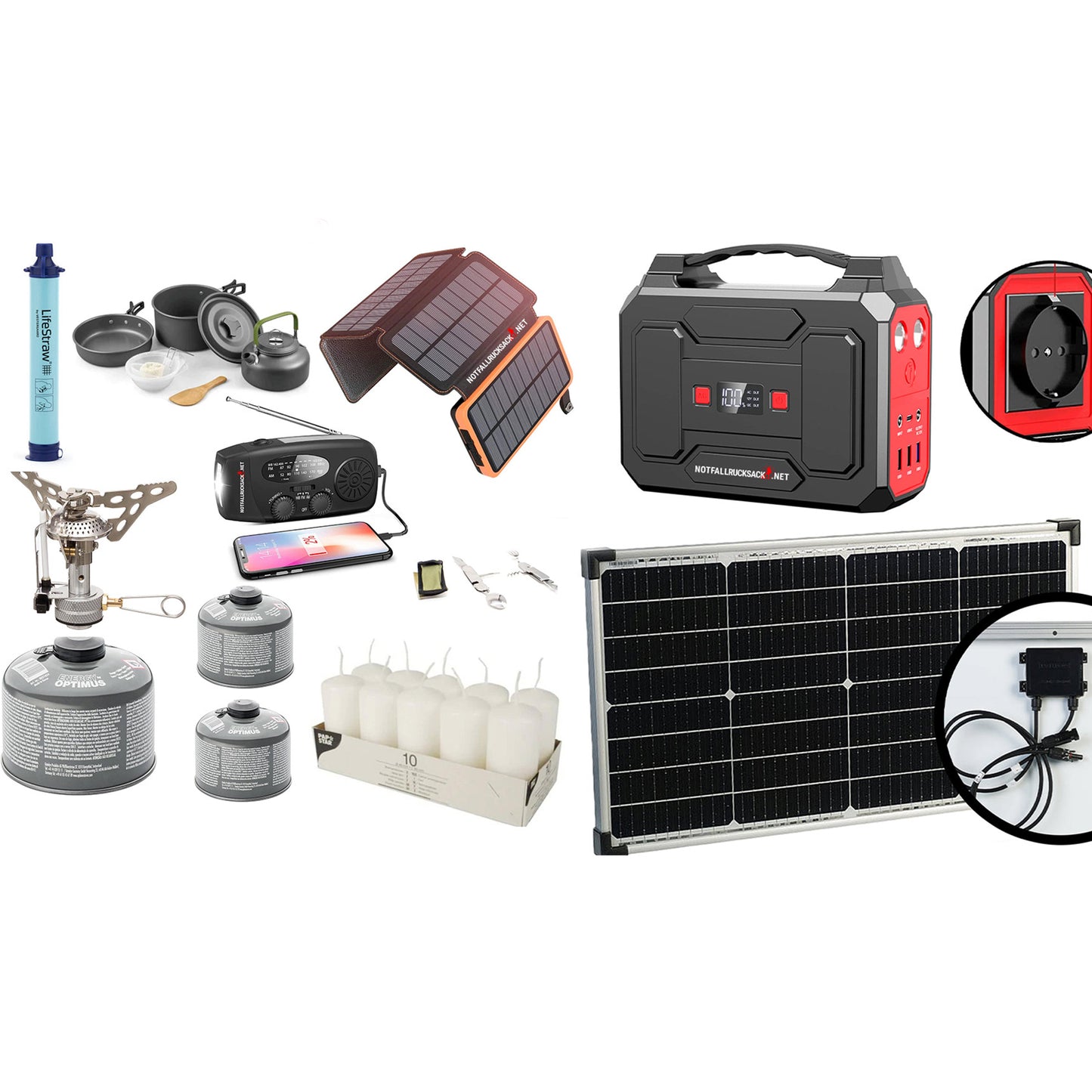 Strömavbrottspaket Extreme Blackout kit - med megakraftverk, solpanel, gasspis, matlagningsset, bestick, solenergibank, vattenfilter, ljus och mycket mer