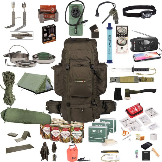 Akutryggsäck "Extreme" Survival-ryggsäck med tält, sovsäck, överlevnadskit, nödransoner, vattenfilter, hygien