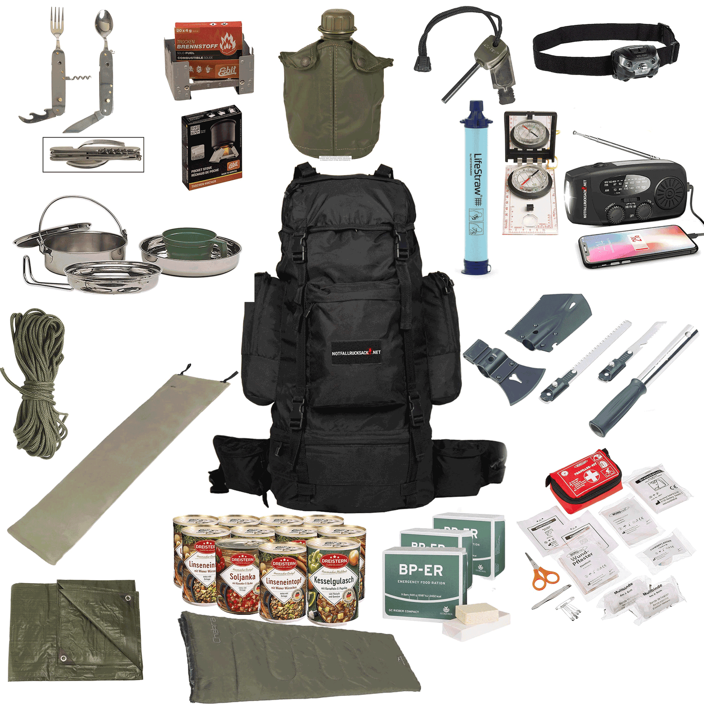 Emergency Backpack Premium - Komplett Survival Kit med Solar Radio