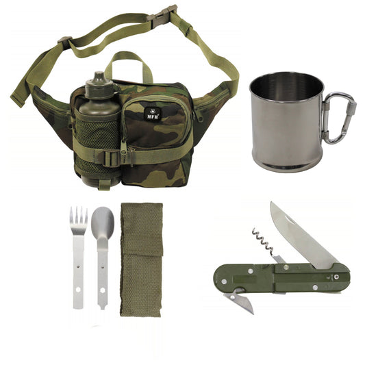 Hiking kit höftväska med dricksflaska 500ml med rostfri kopp och 3-delad bestick med fickkniv
