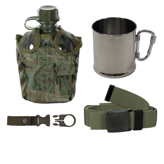 Vandringsset 1L matsal, kopp i rostfritt stål med karbinhake, taktiskt bälte och flaskhållare